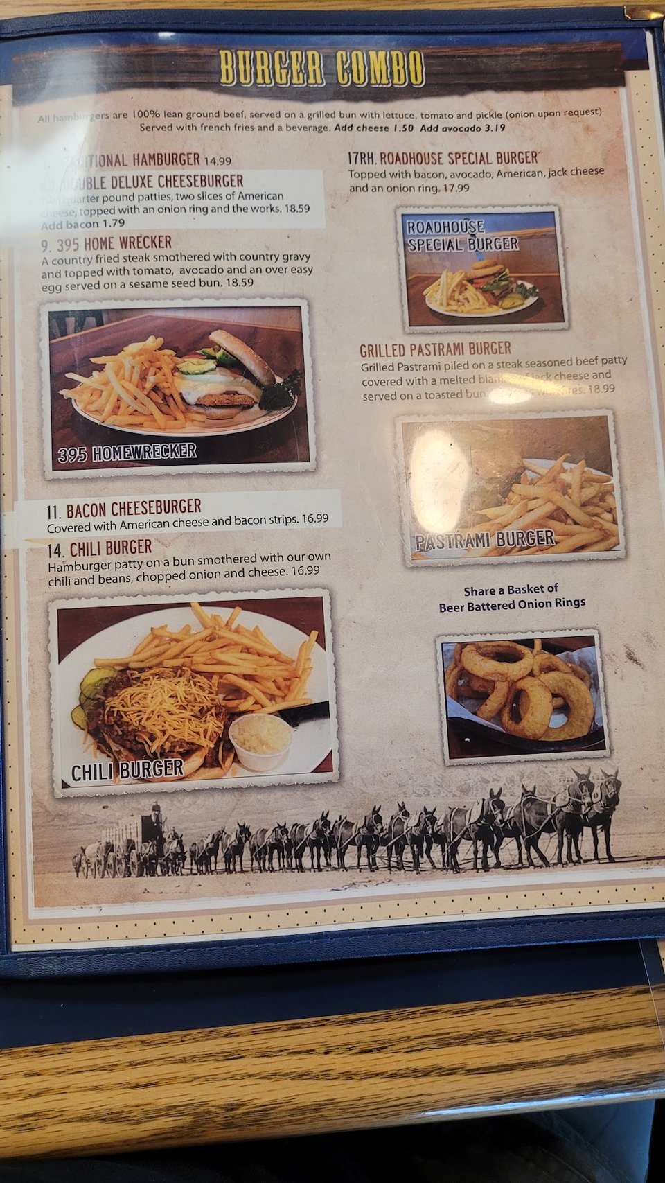 Printed menu with breakfast, lunch, and dinner sections